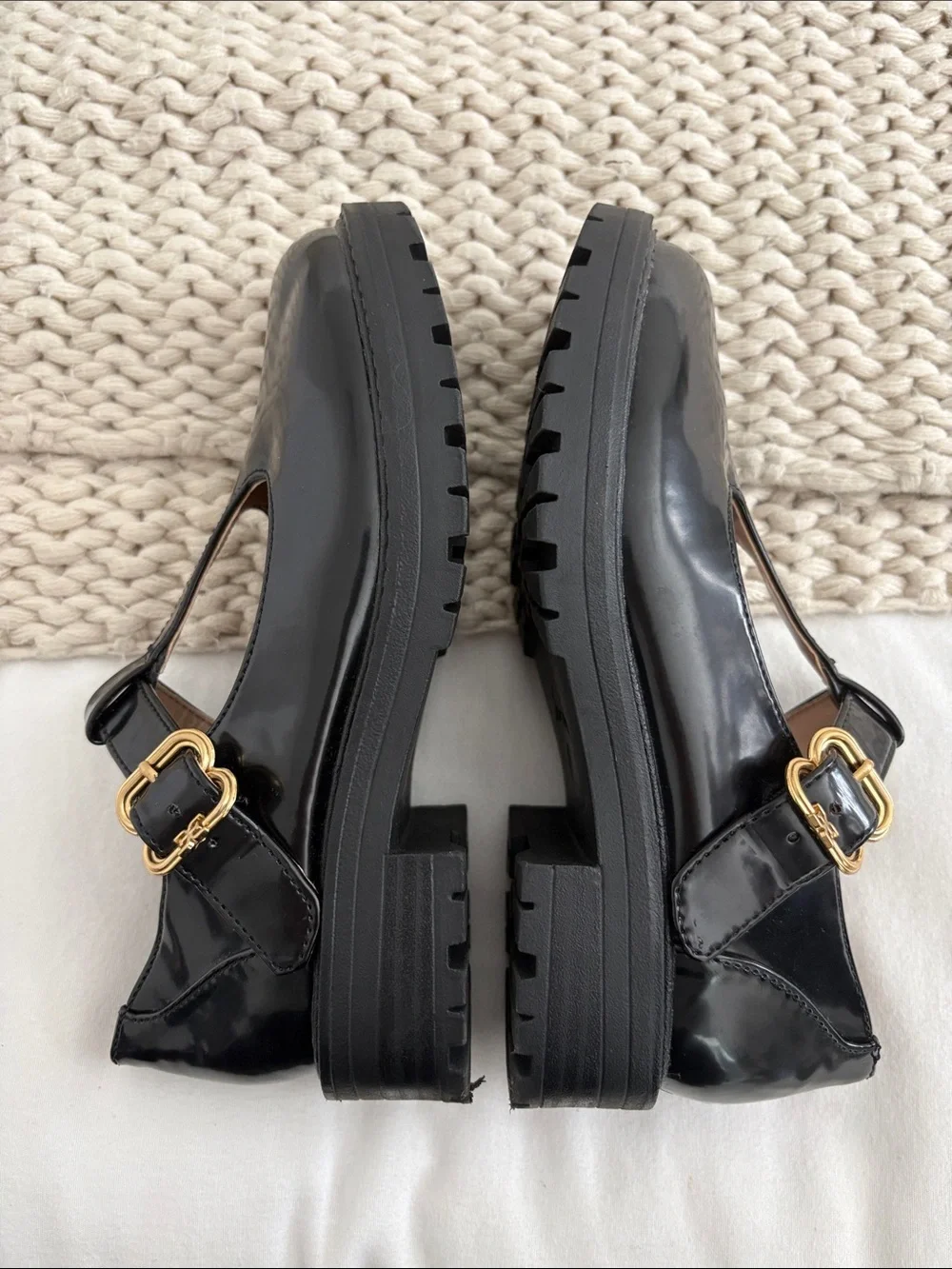 Sam Edelman Black Patent T-Strap Mary Jane’s with Gold Buckle